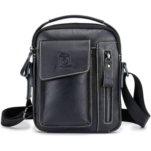 💫 Men Black Leather Genuine Sling Small Pack Crossbody Business Messenger Bag - Picture 1 of 7